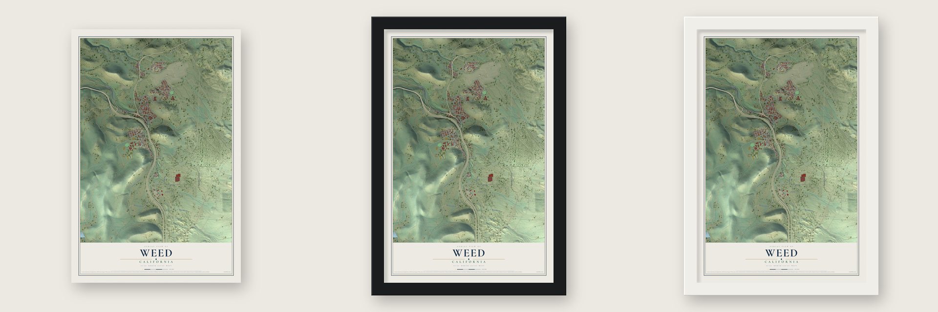 Weed, California map unframed, in a black wood frame and in a white wood frame