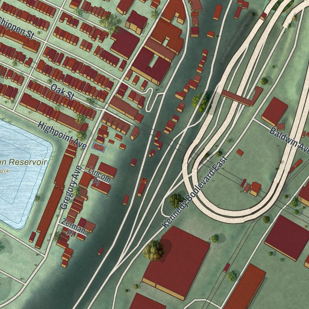 Second close-up of the map of Weehawken, New Jersey print showing more streets and buildings