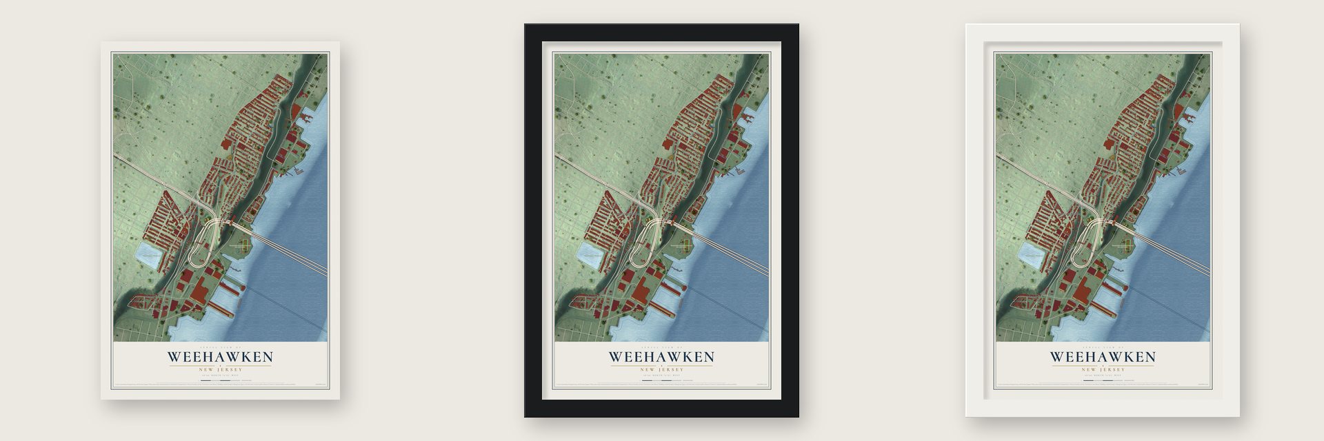 Weehawken, New Jersey map unframed, in a black wood frame and in a white wood frame