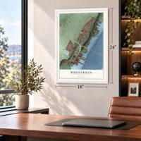 Weehawken, New Jersey map, 18 x 24 inch print in a white frame in a home office