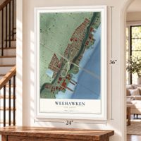 Weehawken, New Jersey map, 24 x 36 inch print in a white frame by a staircase