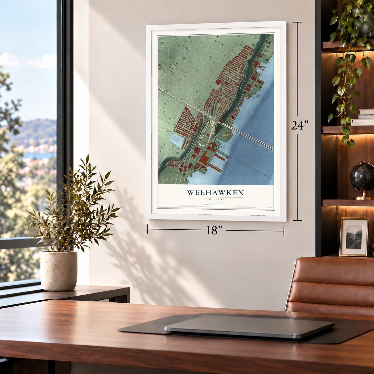 Weehawken, New Jersey map, 18 x 24 inch print in a white frame in a home office
