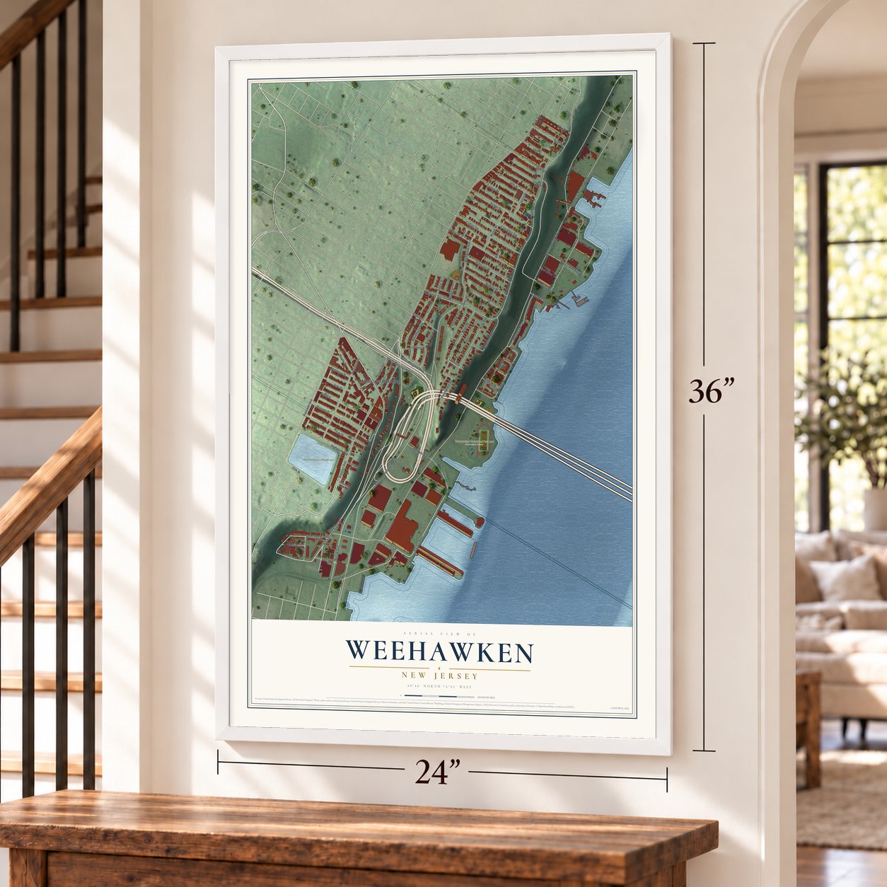 Weehawken, New Jersey map, 24 x 36 inch print in a white frame by a staircase