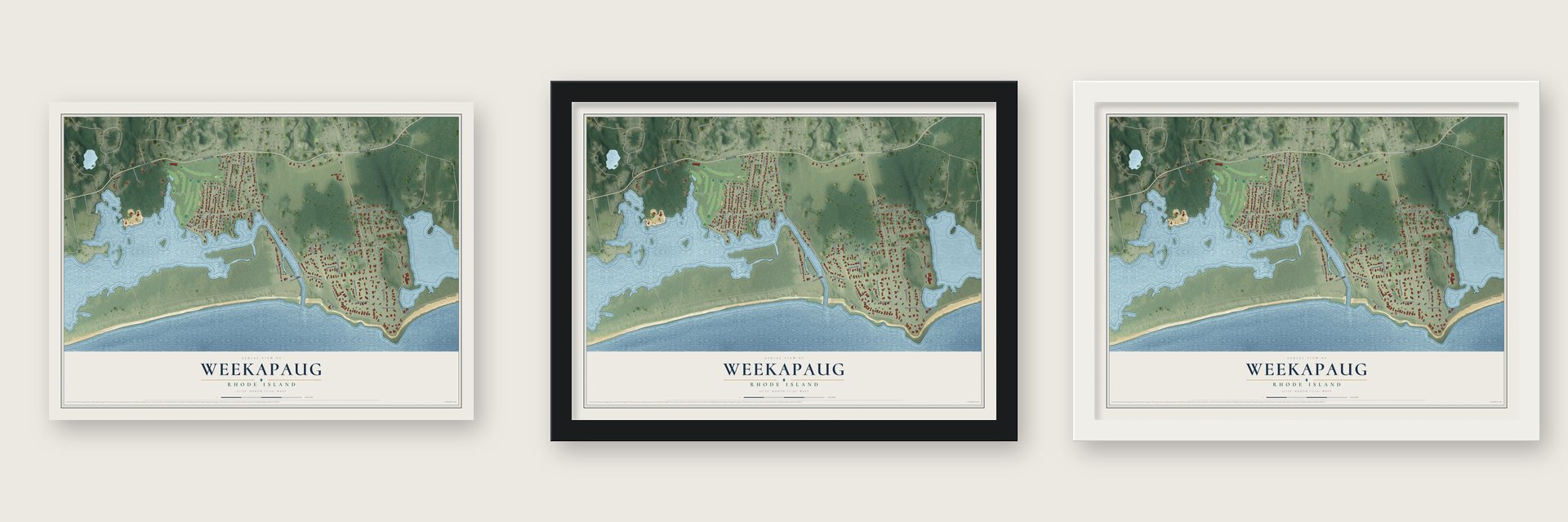 Weekapaug, Rhode Island map unframed, in a black wood frame and in a white wood frame