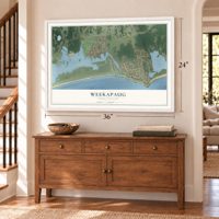 Weekapaug, Rhode Island map, 24 x 36 inch print in a white frame above a dresser by a staircase