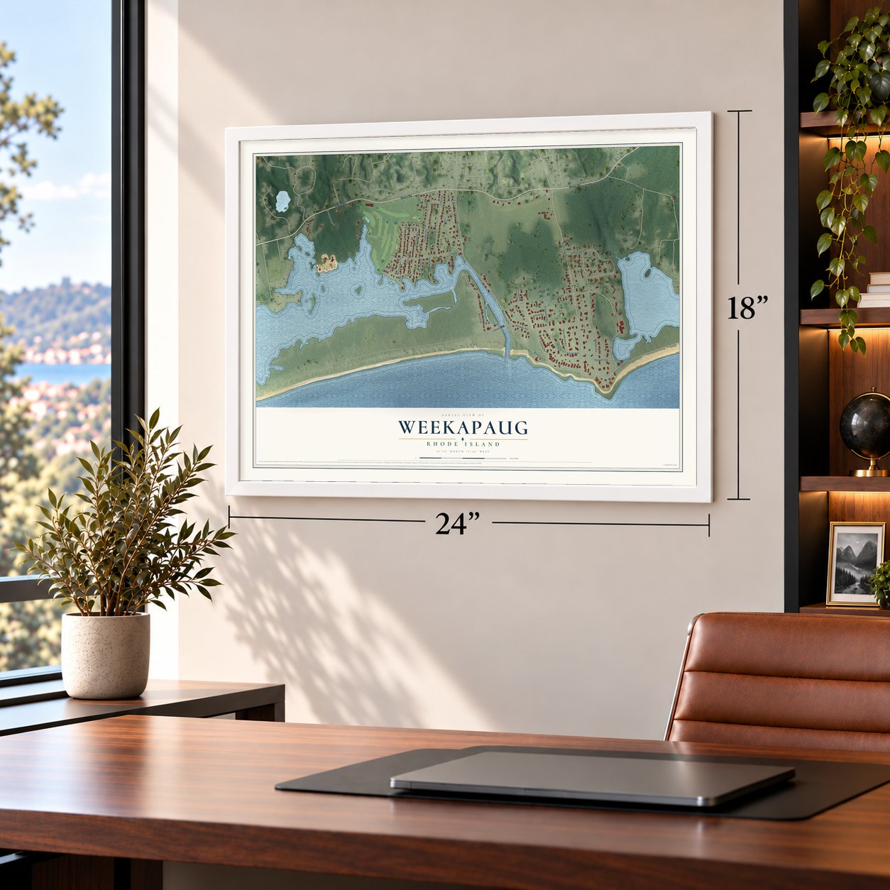 Weekapaug, Rhode Island map, 18 x 24 inch print in a white frame in a home office
