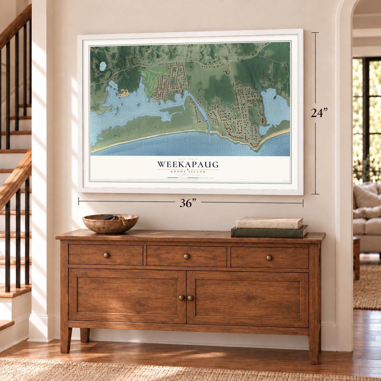 Weekapaug, Rhode Island map, 24 x 36 inch print in a white frame above a dresser by a staircase
