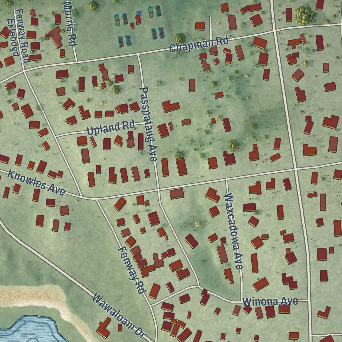 Second close-up of the map of Weekapaug, Rhode Island print showing more streets and buildings