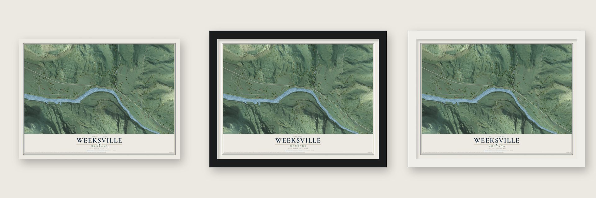 Weeksville, Montana map unframed, in a black wood frame and in a white wood frame