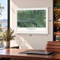 Weeksville, Montana map, 18 x 24 inch print in a white frame in a home office
