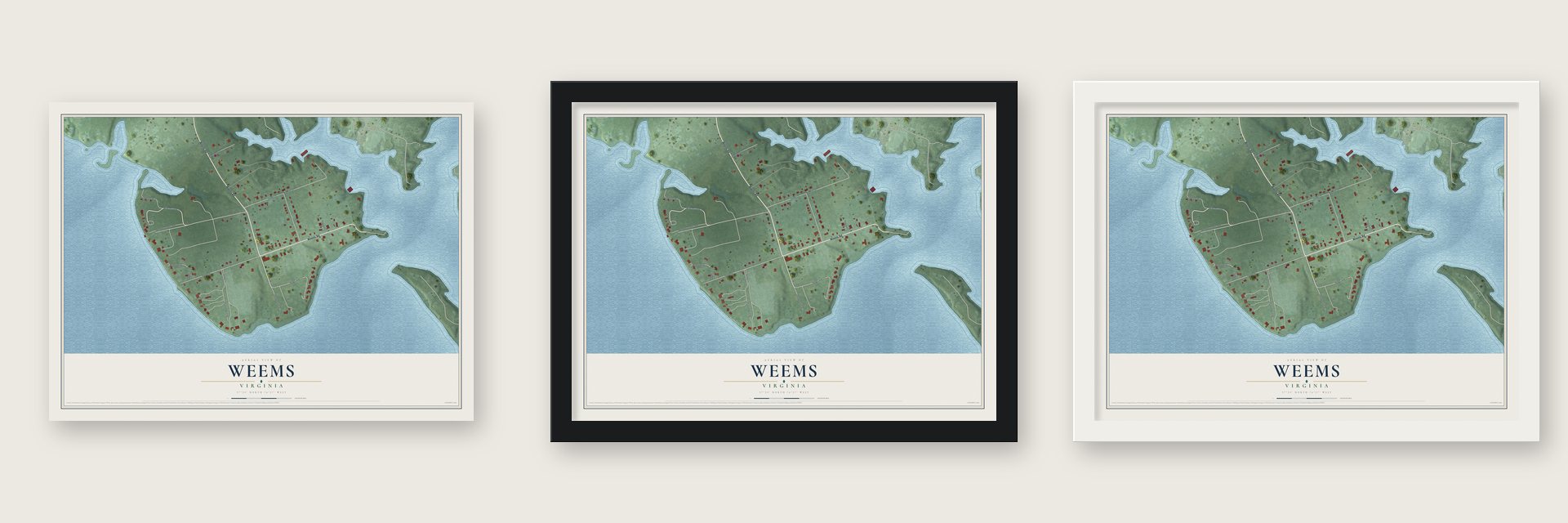Weems, Virginia map unframed, in a black wood frame and in a white wood frame