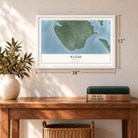 Weems, Virginia map, 12 x 18 inch print in a white frame in an entryway