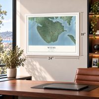 Weems, Virginia map, 18 x 24 inch print in a white frame in a home office