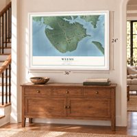 Weems, Virginia map, 24 x 36 inch print in a white frame above a dresser by a staircase