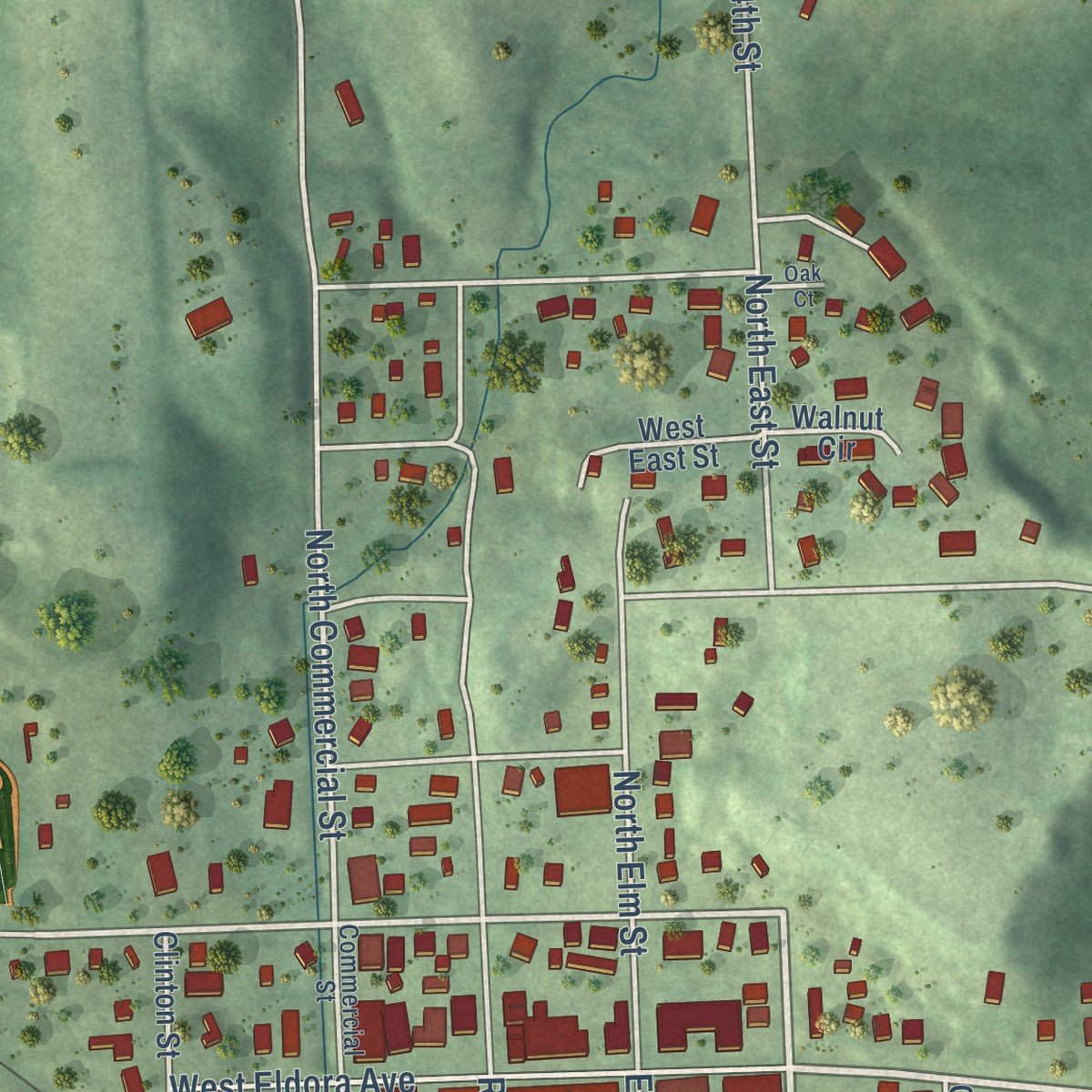 Second close-up of the map of Weeping Water, Nebraska print showing more streets and buildings