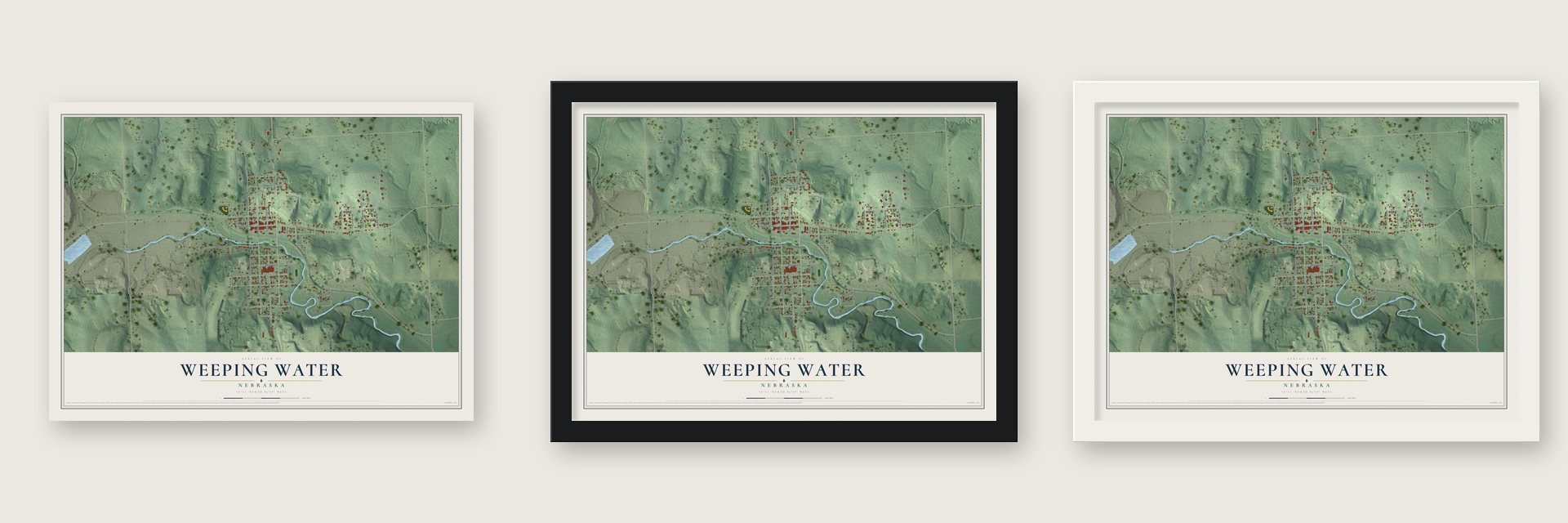 Weeping Water, Nebraska map unframed, in a black wood frame and in a white wood frame