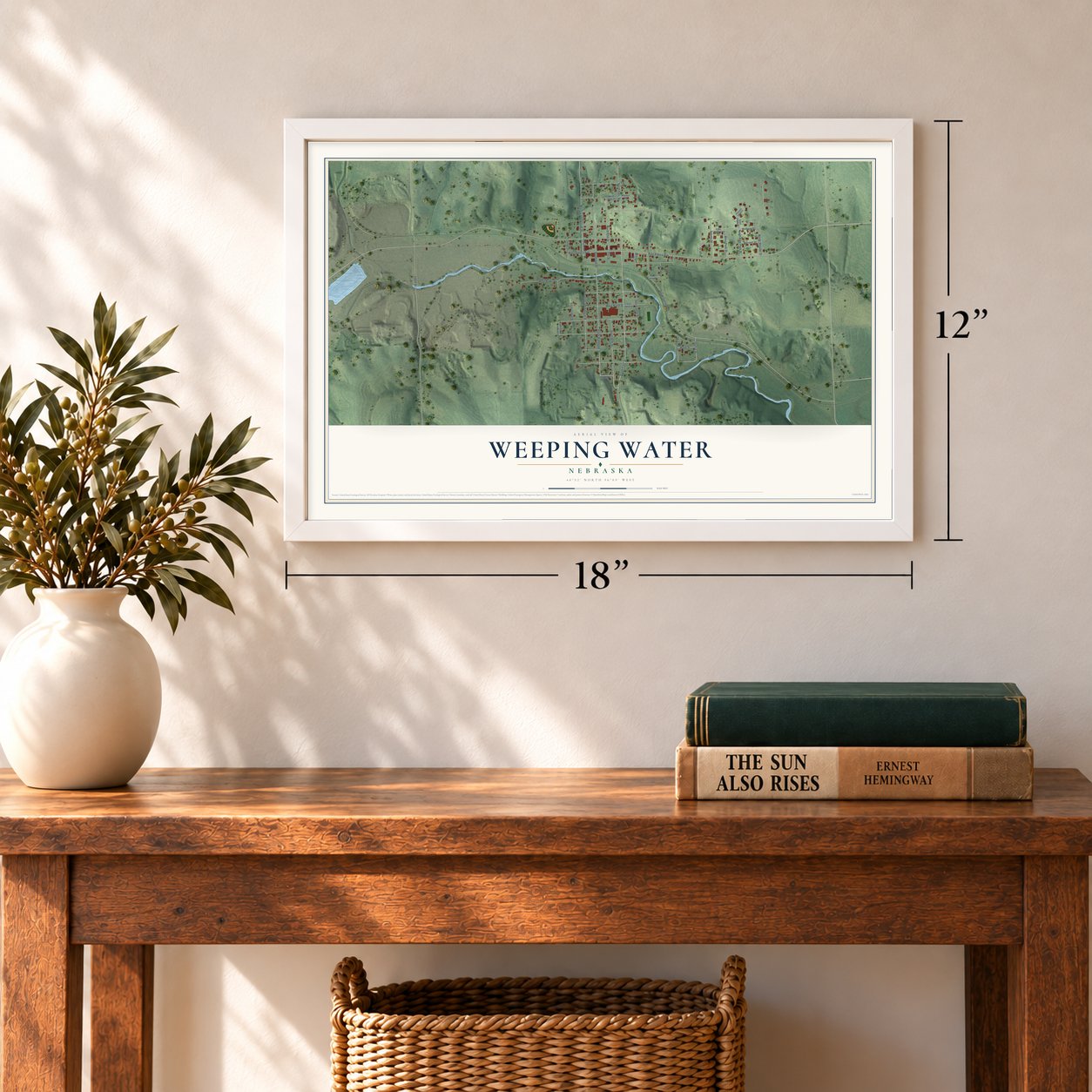 Weeping Water, Nebraska map, 12 x 18 inch print in a white frame in an entryway