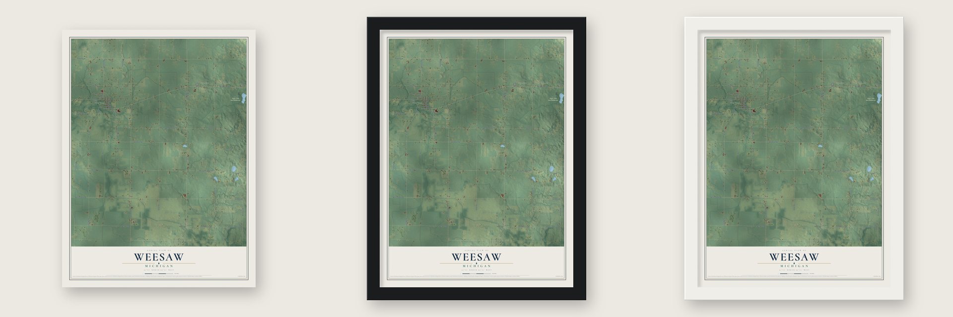 Weesaw, Michigan map unframed, in a black wood frame and in a white wood frame