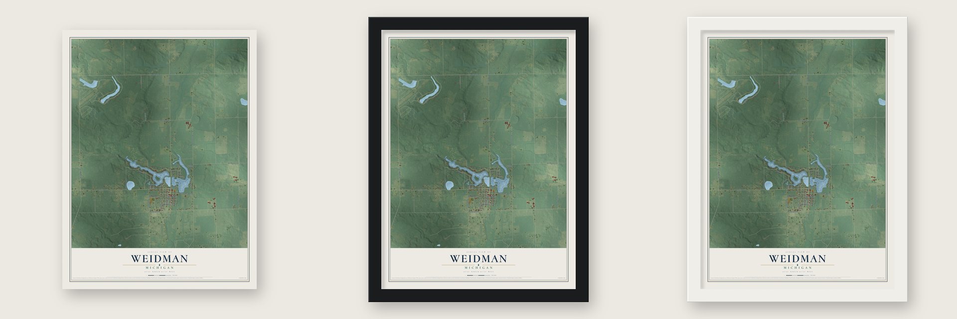 Weidman, Michigan map unframed, in a black wood frame and in a white wood frame