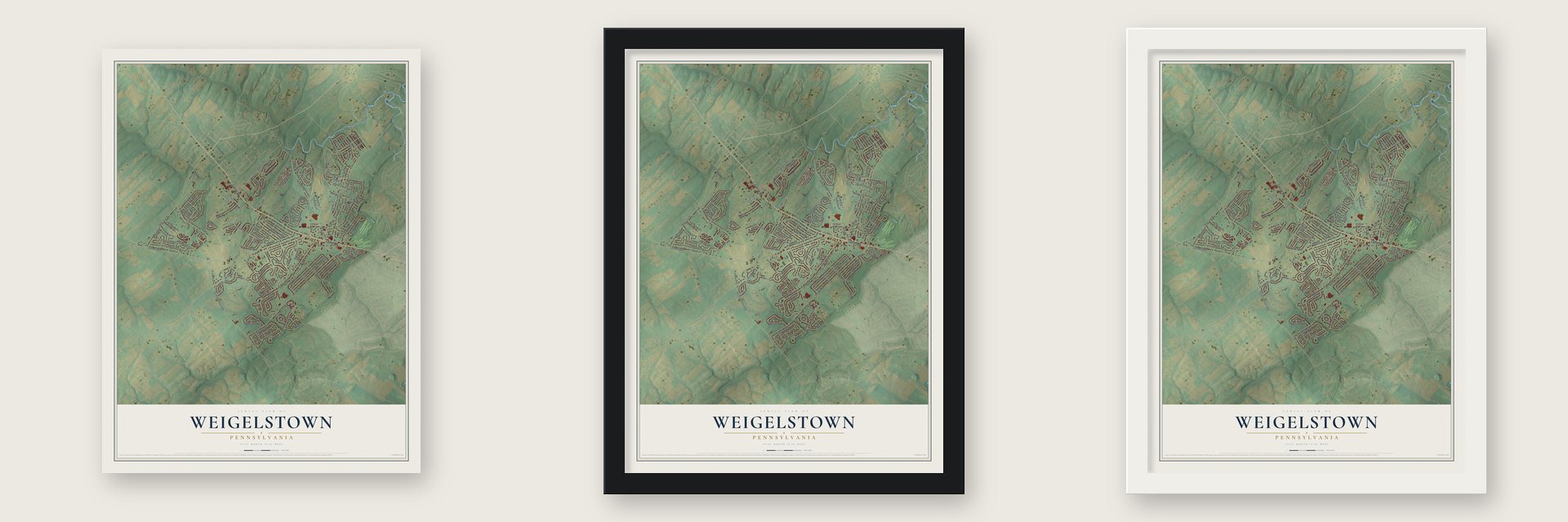 Weigelstown, Pennsylvania map unframed, in a black wood frame and in a white wood frame