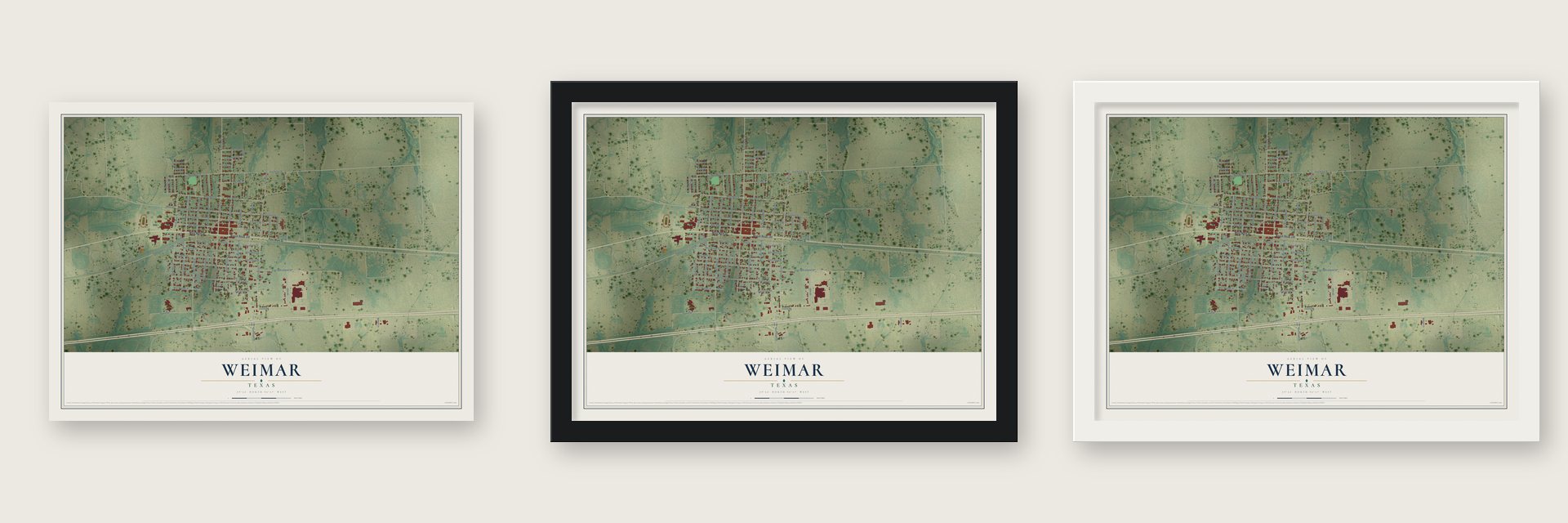 Weimar, Texas map unframed, in a black wood frame and in a white wood frame