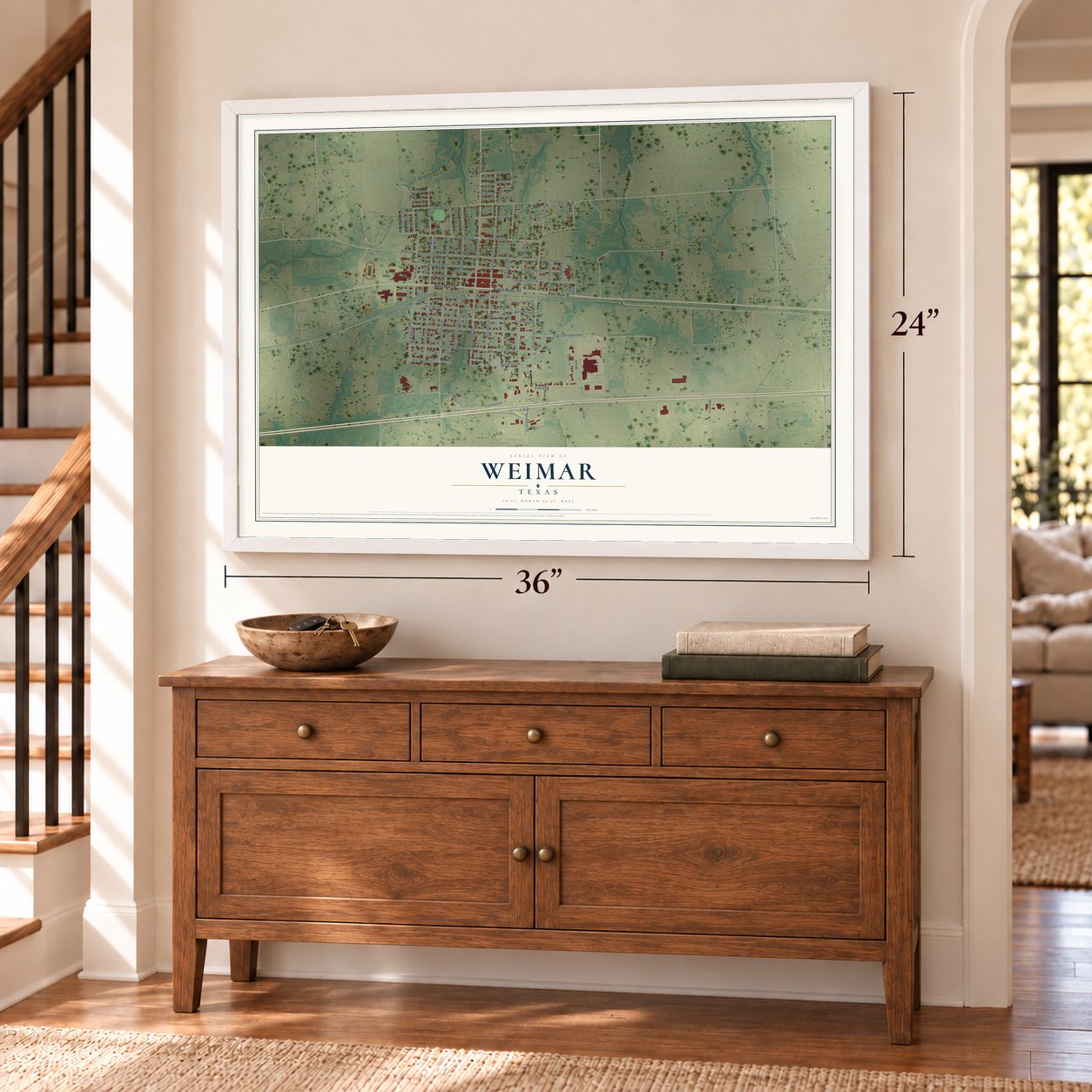 Weimar, Texas map, 24 x 36 inch print in a white frame above a dresser by a staircase
