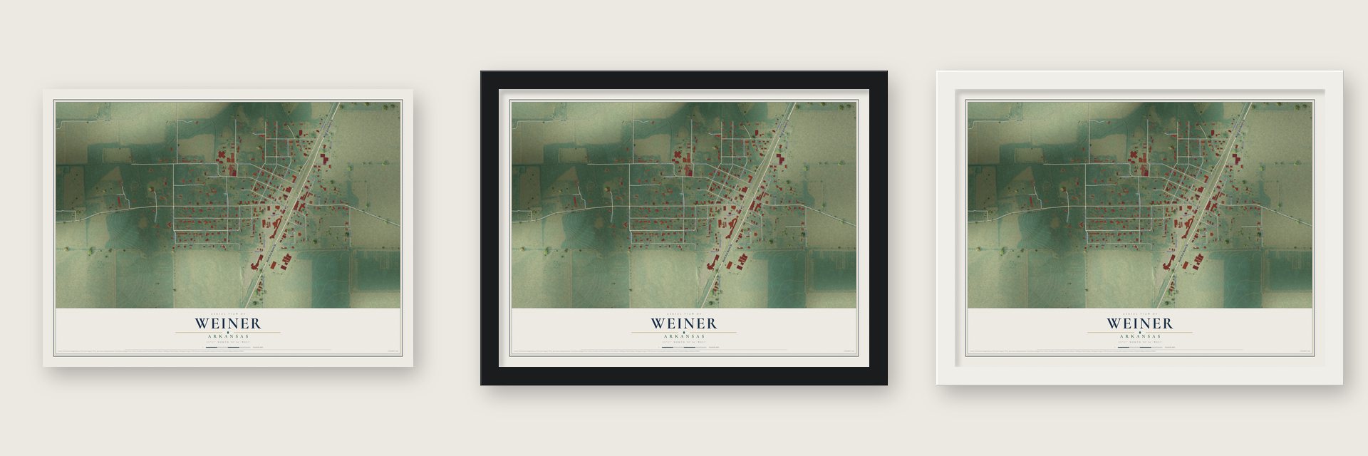 Weiner, Arkansas map unframed, in a black wood frame and in a white wood frame