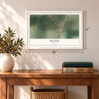 Weiner, Arkansas map, 12 x 18 inch print in a white frame in an entryway