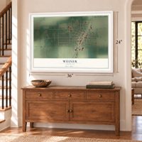 Weiner, Arkansas map, 24 x 36 inch print in a white frame above a dresser by a staircase