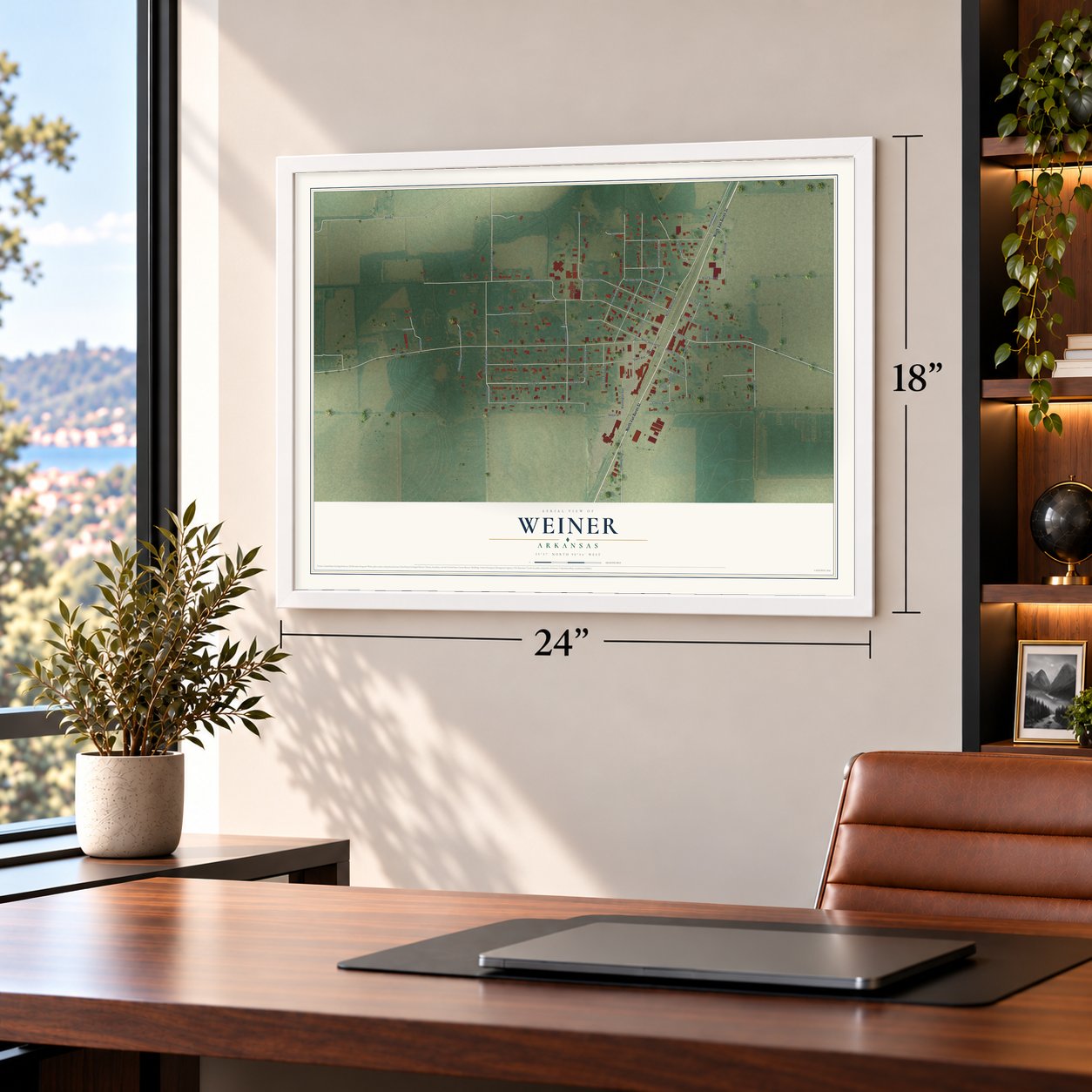 Weiner, Arkansas map, 18 x 24 inch print in a white frame in a home office