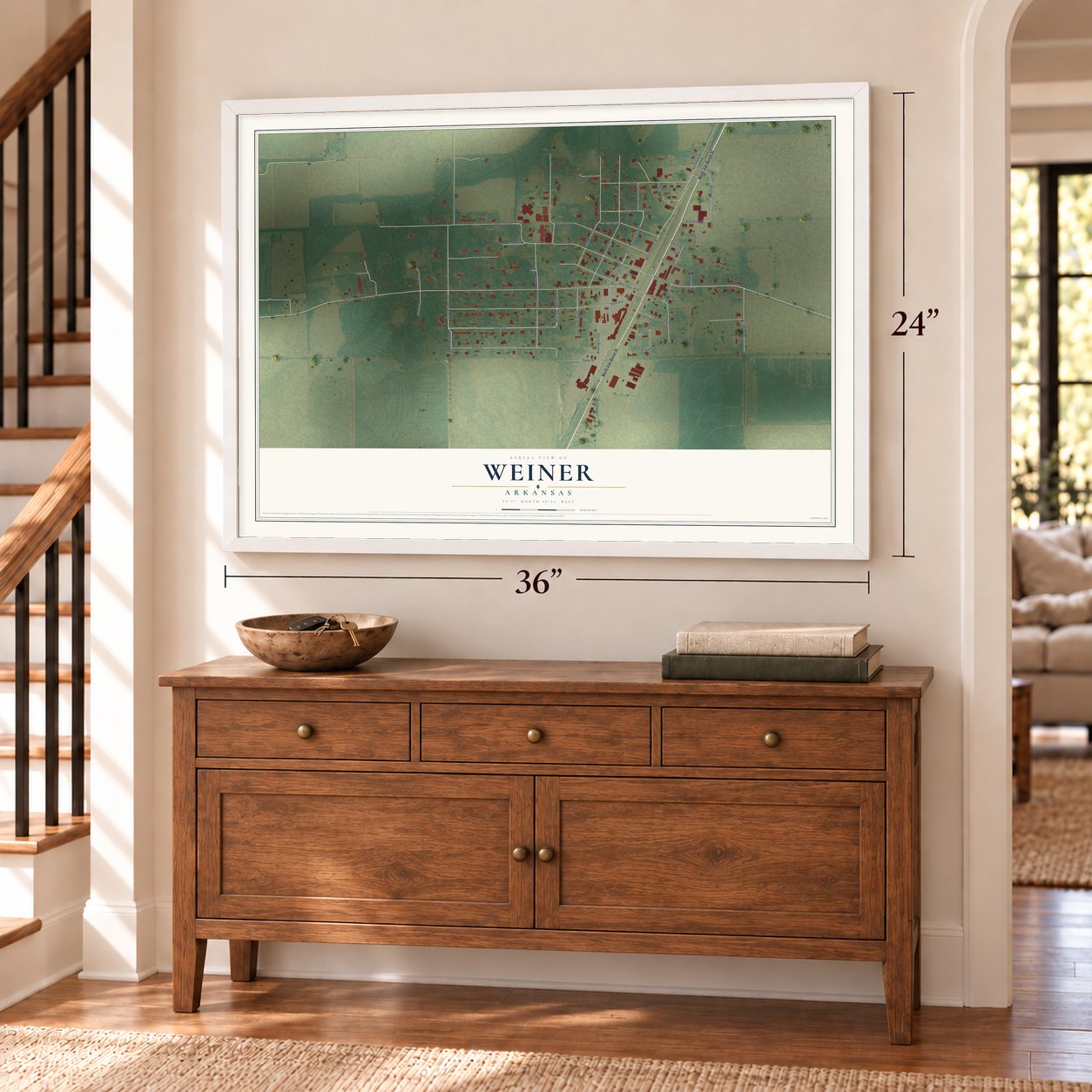 Weiner, Arkansas map, 24 x 36 inch print in a white frame above a dresser by a staircase