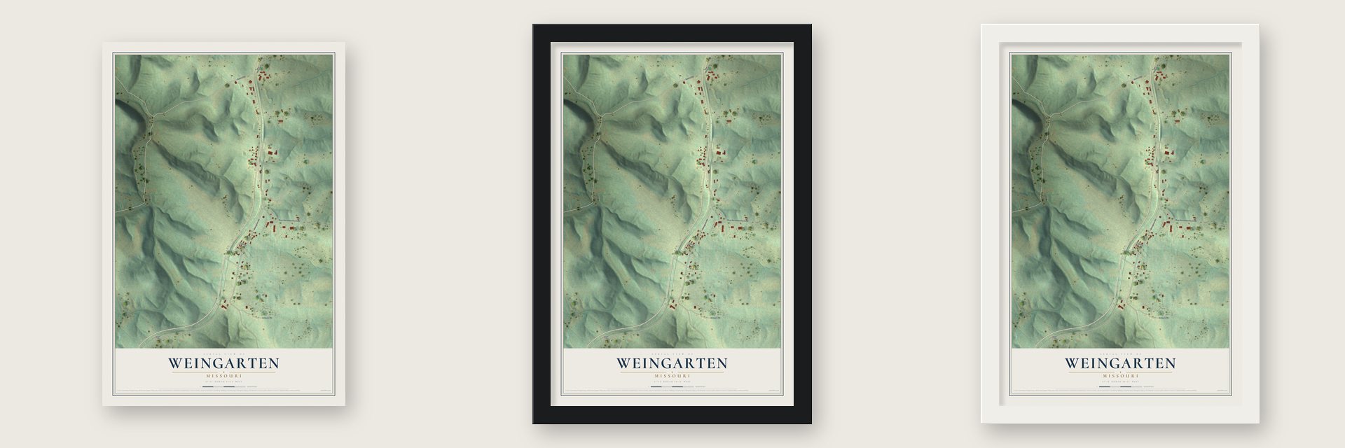 Weingarten, Missouri map unframed, in a black wood frame and in a white wood frame