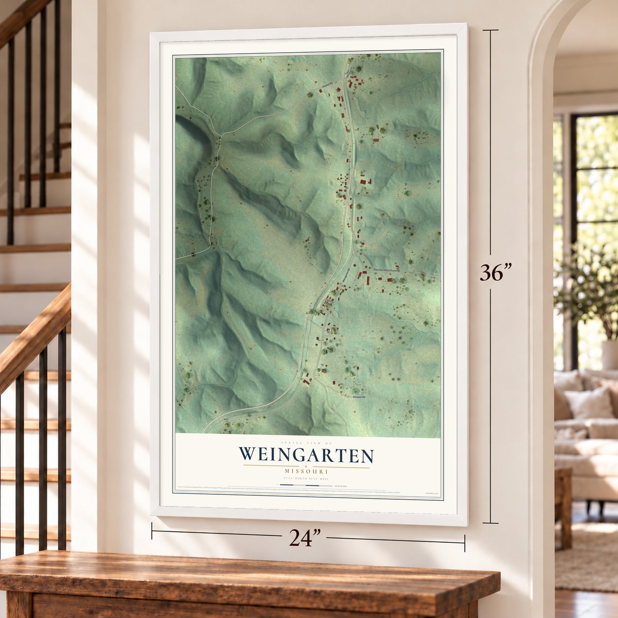 Weingarten, Missouri map, 24 x 36 inch print in a white frame by a staircase