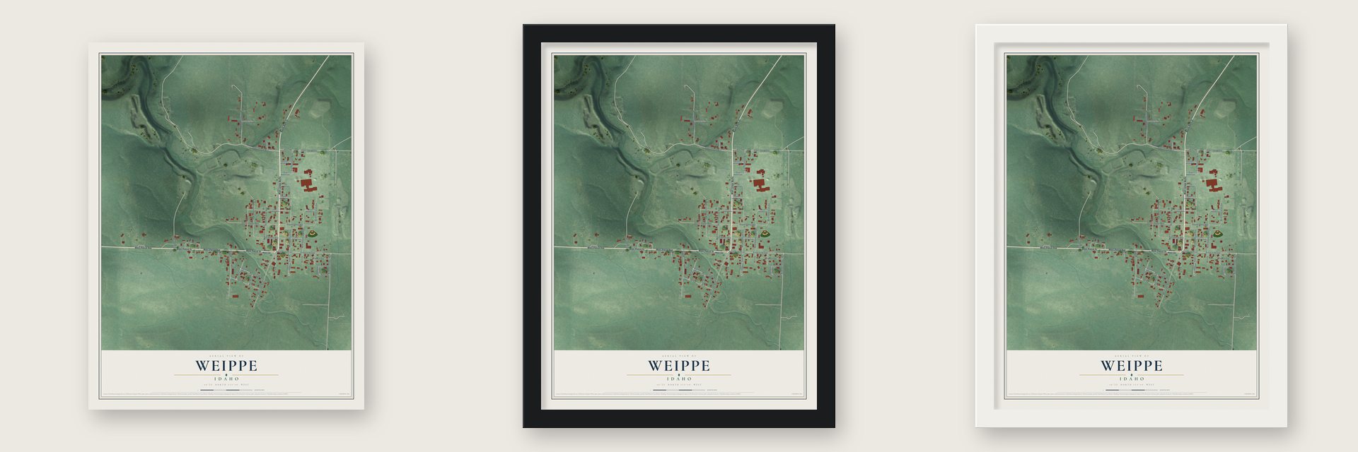 Weippe, Idaho map unframed, in a black wood frame and in a white wood frame