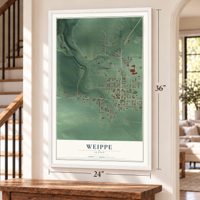 Weippe, Idaho map, 24 x 36 inch print in a white frame by a staircase