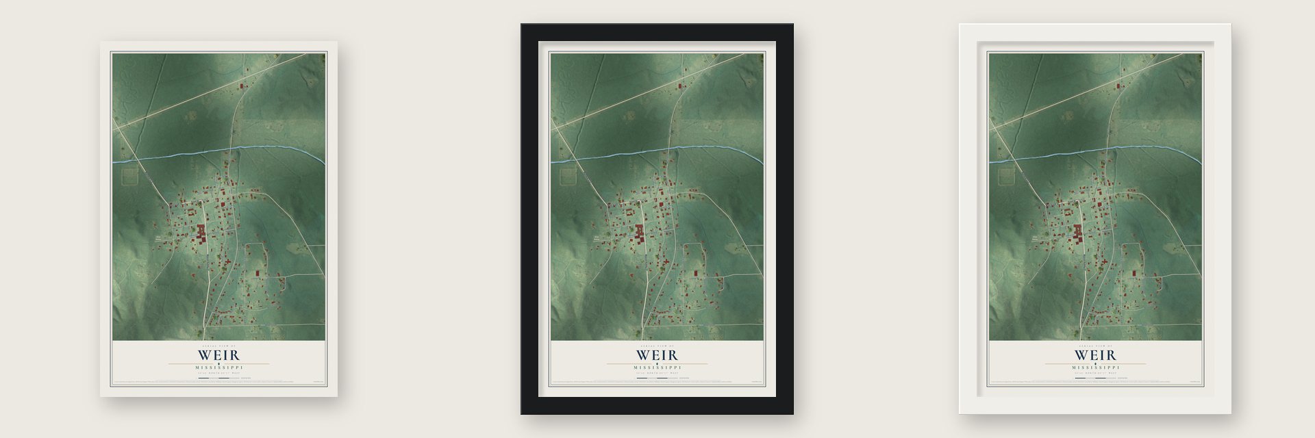 Weir, Mississippi map unframed, in a black wood frame and in a white wood frame