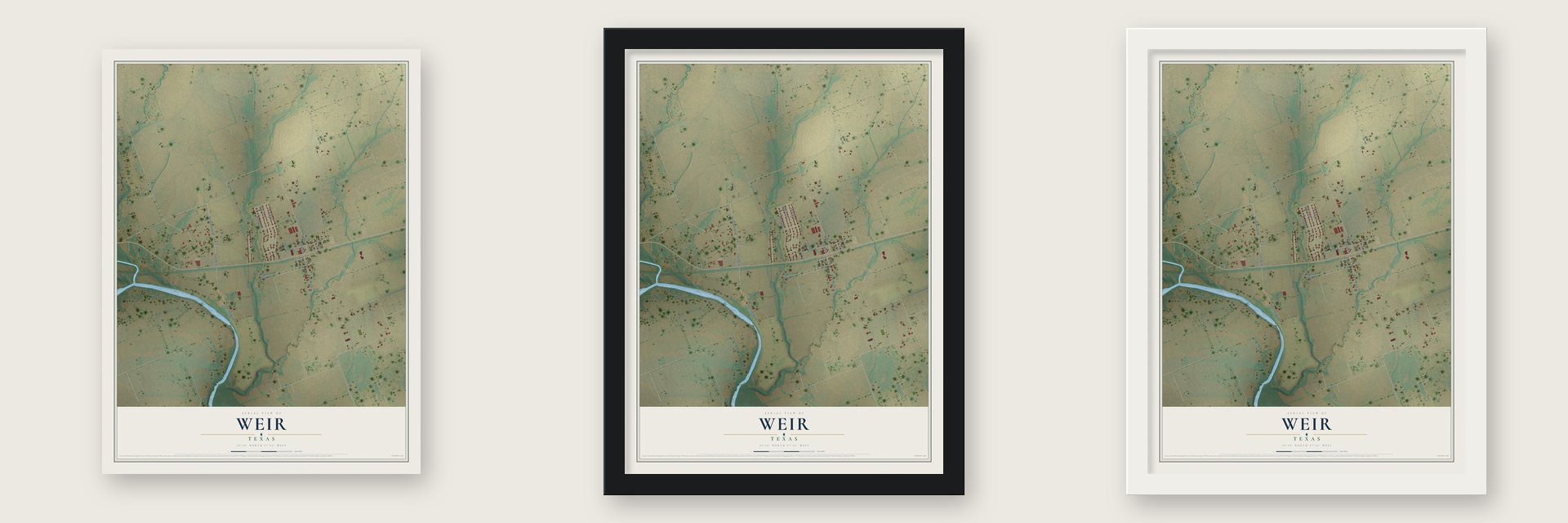 Weir, Texas map unframed, in a black wood frame and in a white wood frame