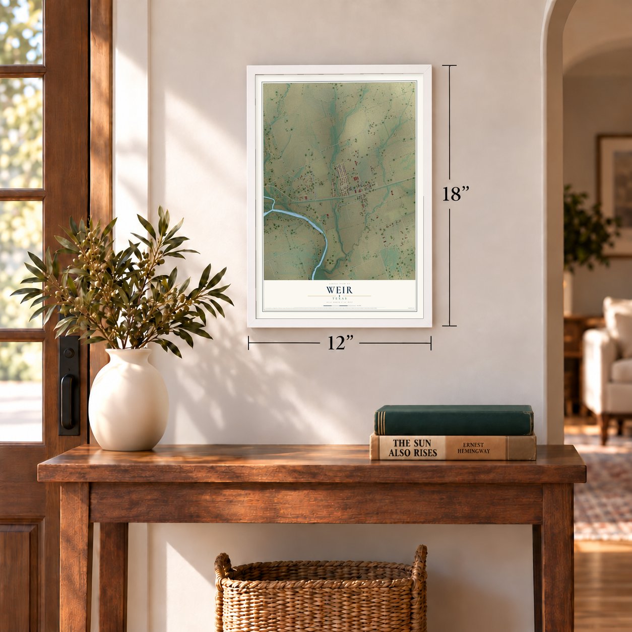 Weir, Texas map, 12 x 18 inch print in a white frame in an entryway