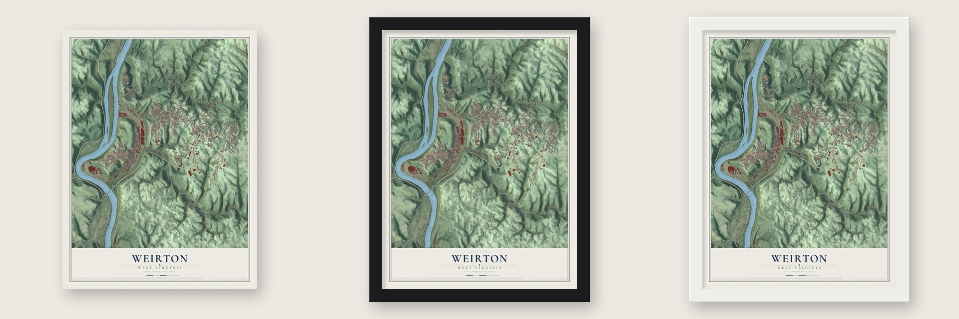 Weirton, West Virginia map unframed, in a black wood frame and in a white wood frame