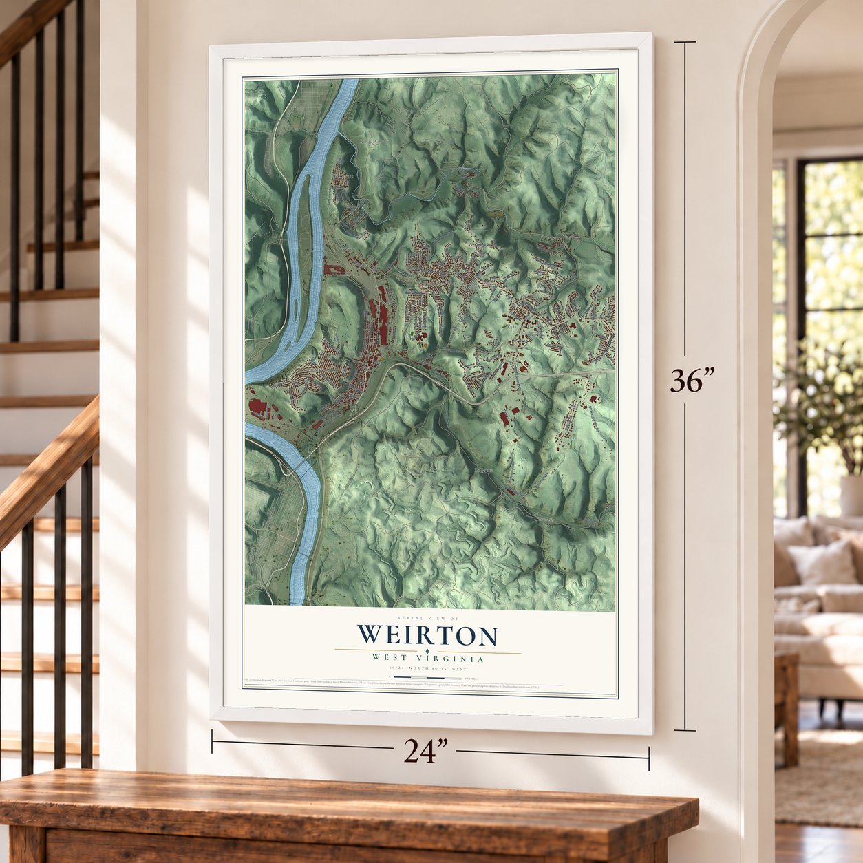 Weirton, West Virginia map, 24 x 36 inch print in a white frame by a staircase