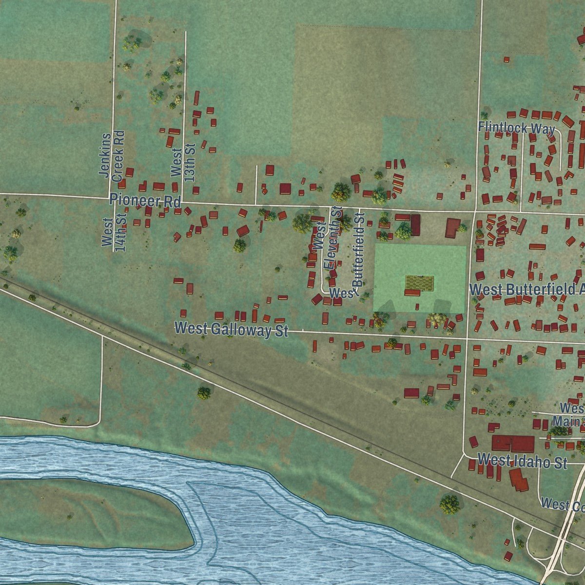 Second close-up of the map of Weiser, Idaho print showing more streets and buildings
