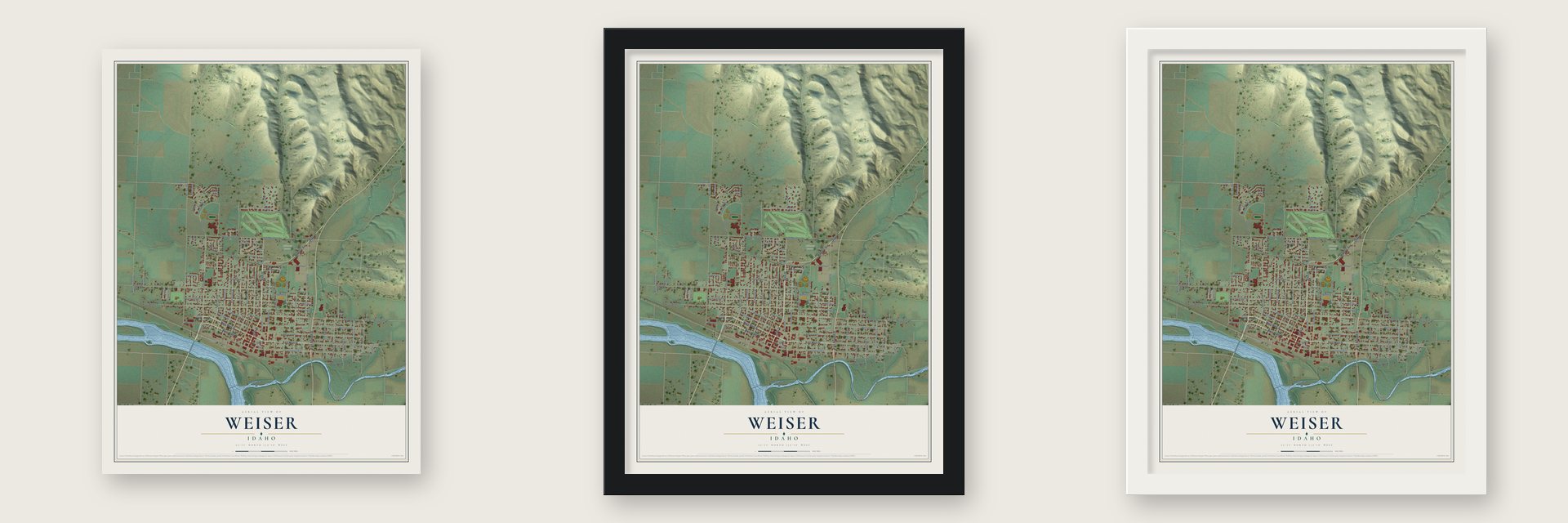 Weiser, Idaho map unframed, in a black wood frame and in a white wood frame