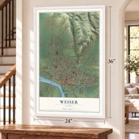 Weiser, Idaho map, 24 x 36 inch print in a white frame by a staircase