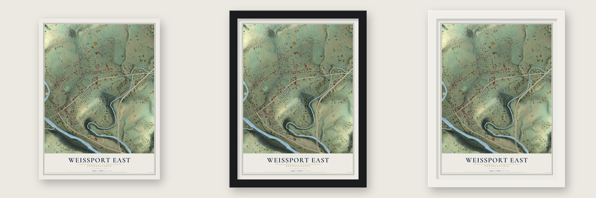 Weissport East, Pennsylvania map unframed, in a black wood frame and in a white wood frame