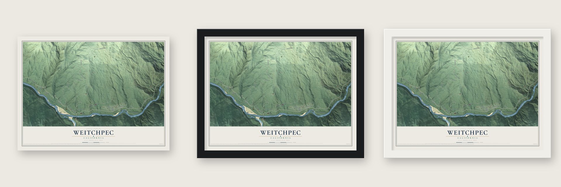Weitchpec, California map unframed, in a black wood frame and in a white wood frame