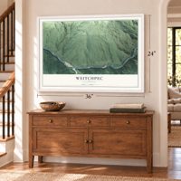Weitchpec, California map, 24 x 36 inch print in a white frame above a dresser by a staircase