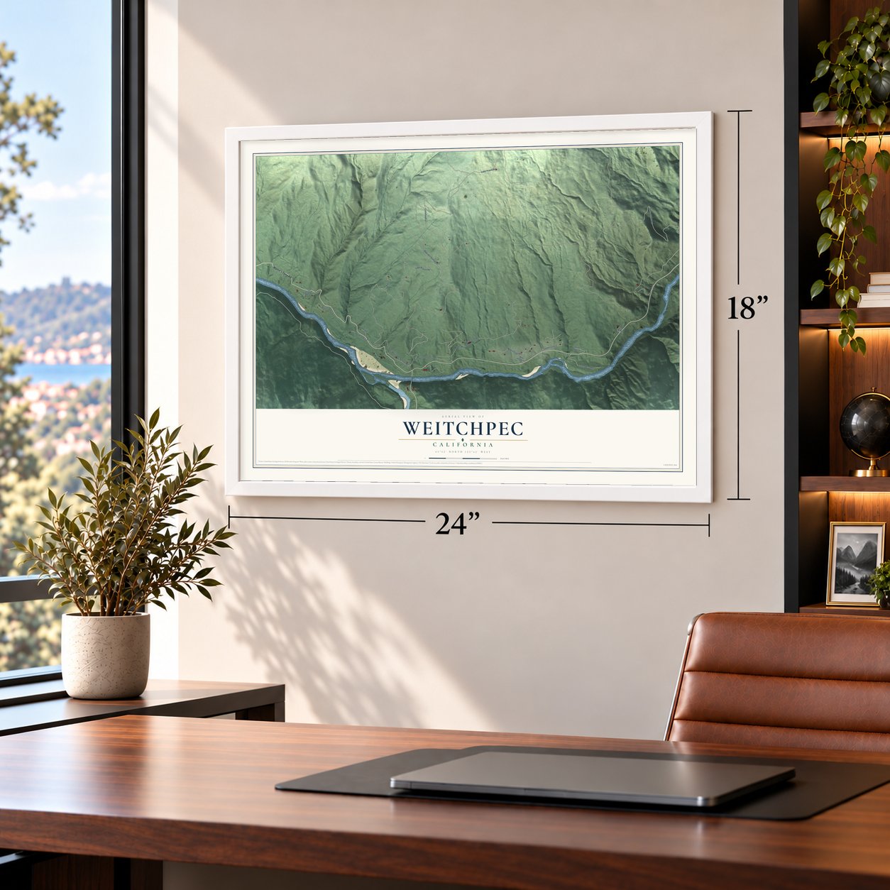 Weitchpec, California map, 18 x 24 inch print in a white frame in a home office