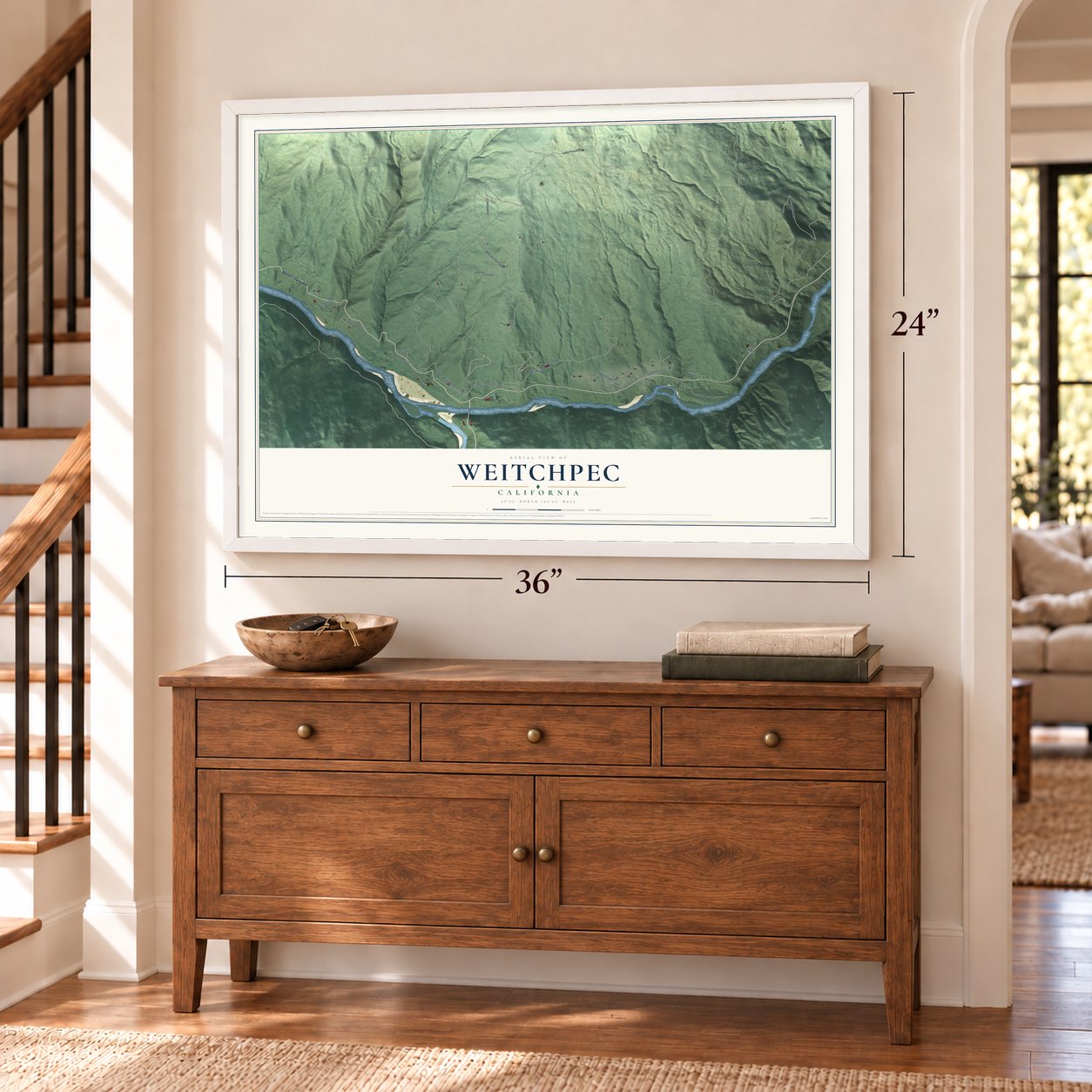 Weitchpec, California map, 24 x 36 inch print in a white frame above a dresser by a staircase