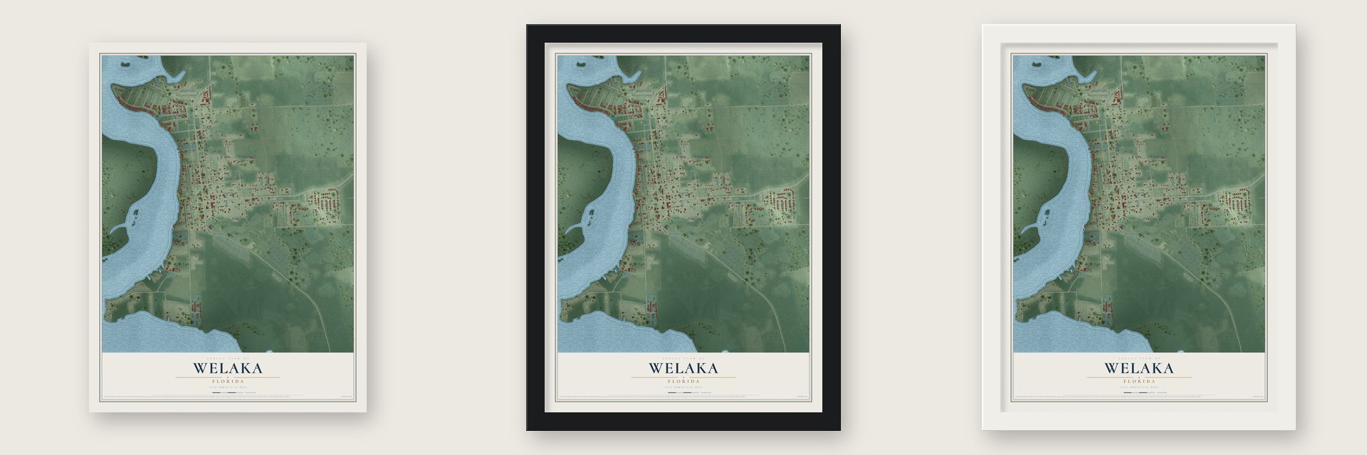 Welaka, Florida map unframed, in a black wood frame and in a white wood frame