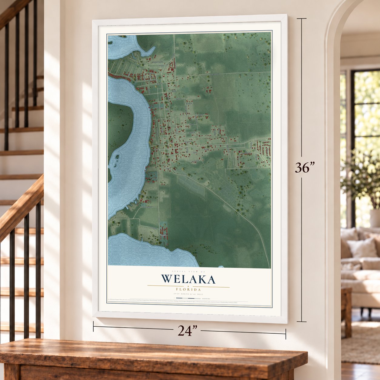 Welaka, Florida map, 24 x 36 inch print in a white frame by a staircase